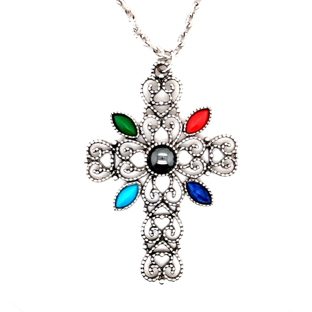 Avon Vintage Silver Tone Multi Color Faux Stone Filigree Cross Necklace 24 Inch
